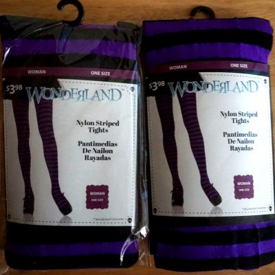 WONDERLAND 2 PAIR PURPLE & BLACK NYLON STRIPED TIGHTS/ONE SIZE/NEW